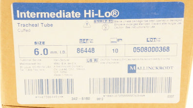 Mallinckrodt 86448 Intermediate Hi-Lo Tracheal Tube Cuffed 6.0mm ID - Box of 10